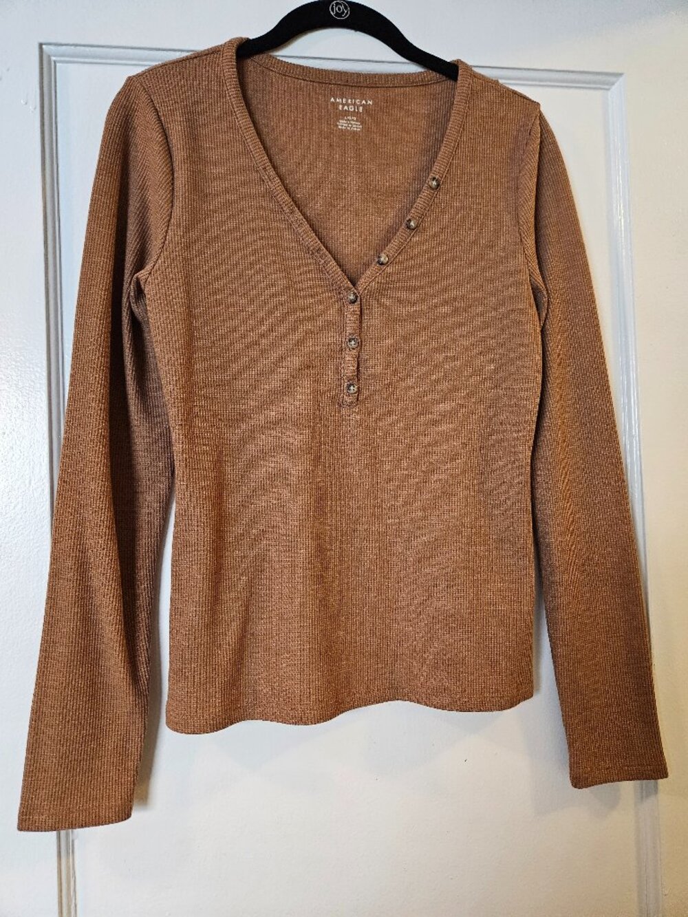 American Eagle Long Sleeve Henley Waffle Knit Thermal Top Brown L Large